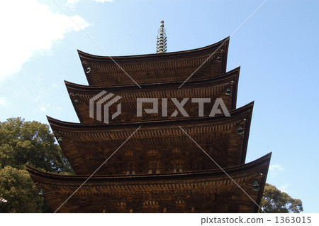 Five story pagoda of Rurikoji Temple in blue sky Five story pagoda of Rurikoji Temple in blue sky 1363015