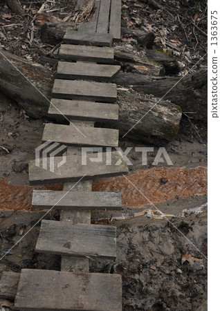 log bridge, ditch with running water, dirty 1363675