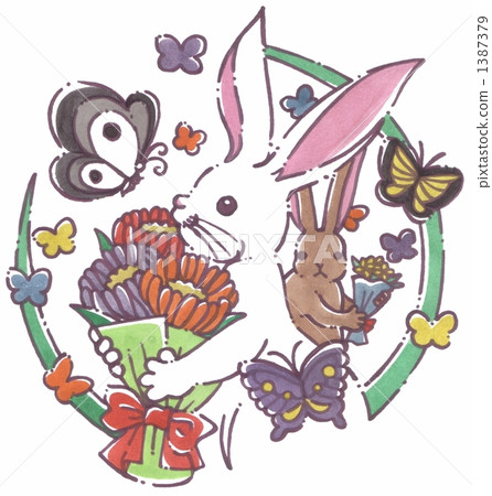 兔子和花束和蝴蝶（手繪） 1387379