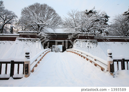 高島城堡Koneda橋樑和海角植物門在冬天 高島城堡Koneda橋樑和海角植物門在冬天 1393589