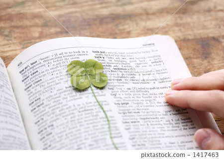 The pressed flower of the four leaves clover was set in the dictionary. 1417463