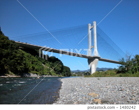 Chichibu Harp Bridge floating in the azure sky Chichibu Harp Bridge floating in the azure sky 1480242