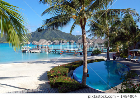 Tahitian blue sea where water cottage floats and Mount Otemanu Tahitian blue sea where water cottage floats and Mount Otemanu 1484804