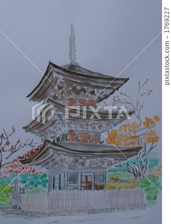 Shimantoji Mie's tower in Shiota-eh, Ueshida, Shinshu Watercolor painting 1769227