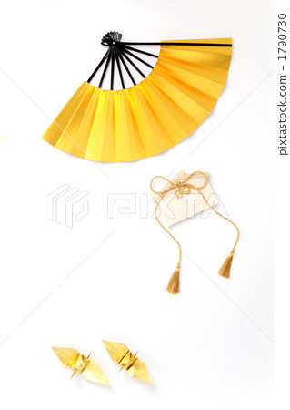 Gold folding fan and folding cranes and ema vertical 1 white back 1790730