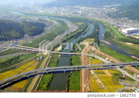 Aerial view of Mikawa merging point of Katsuragawa Kizukawa Uji River 1862750