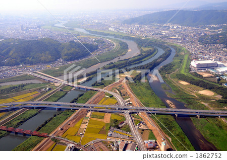 Aerial view of Mikawa merging point of Katsuragawa Uji River Kizugawa 1862752