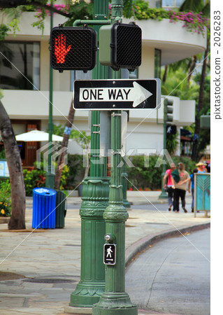Honolulu pedestrian traffic lights and one-way traffic signs 2026283