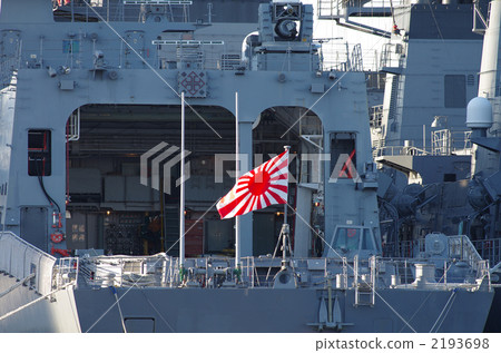 An escort ship at a berth and a Asahi flag 2193698