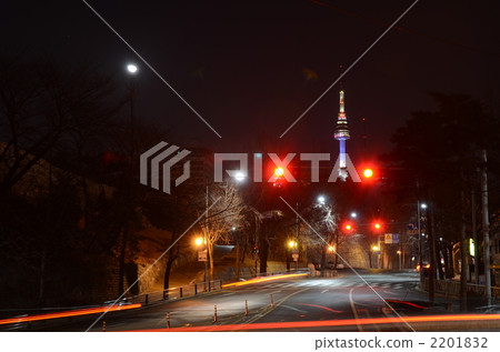 Light up of Seoul Tower at moonlit night 2201832