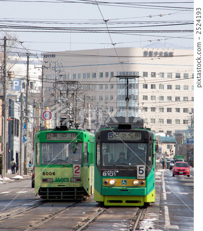 【縱向構圖】函館有軌電車相互穿行（分離）8006 8101 堀川町電車站附近 2524193