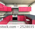 U-shaped layout color variation of the kitchen, specular red door 2528035