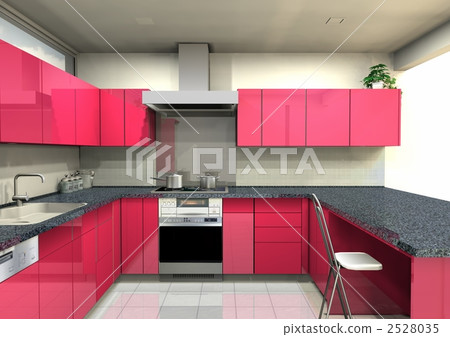 U-shaped layout color variation of the kitchen, specular red door 2528035