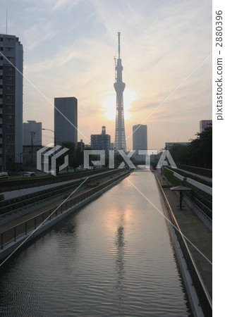The Tokyo Sky Tree in the middle of construction appearing on the Tokawa River 2880396