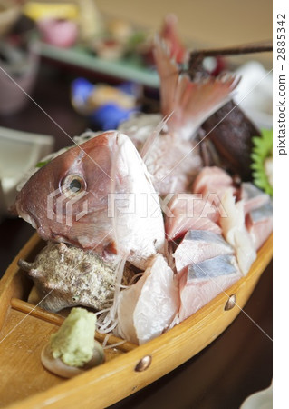 served on a boat-like plate, sashimi, japanese amberjack 2885342