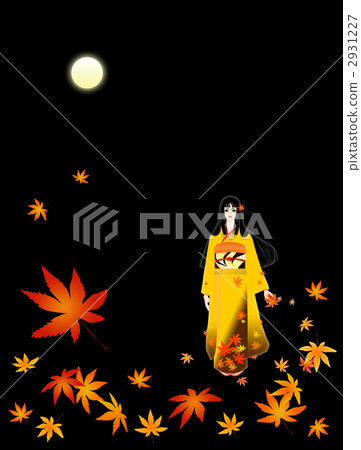 Moon and autumn leaves and kimono women 2931227