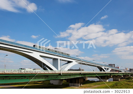 Under the blue sky, a fan bridge over Arakawa and a pillow liner passing through 3022913