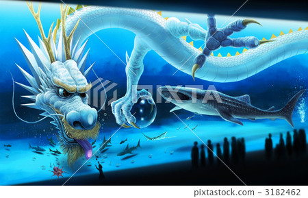 White dragon and girl in the aquarium 3182462