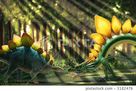 A dragon that struggles with Stegosaurus with a back bille 3182476