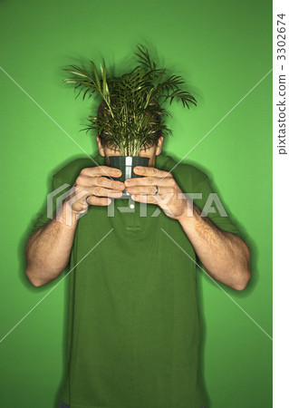Man hiding behind plant. Man hiding behind plant. 3302674