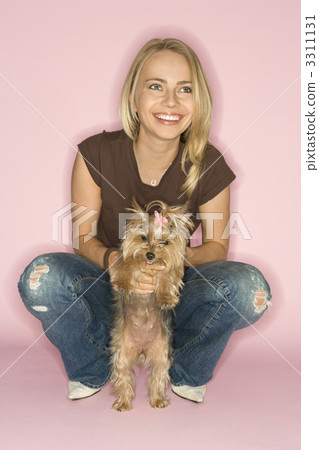 Woman with Yorkshire Terrier dog. 3311131