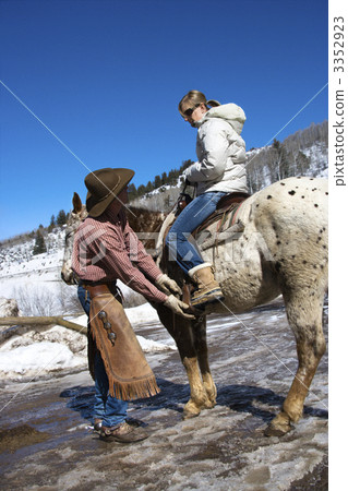 Wrangler helping with horse. 3352923
