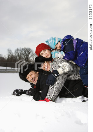Family stacked in snow. Family stacked in snow. 3353173