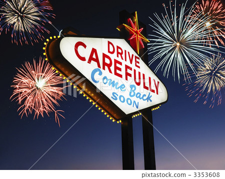 Leaving Las Vegas Sign With Fireworks in Background 3353608