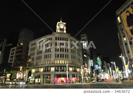 銀座4丁目十字路口，夜景（東京） 3463672