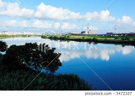 Arakawa of Aragawa that spreads blue sky from Ohbashi Bashi and the Gokuraku Sakura Ohashi area 3472107