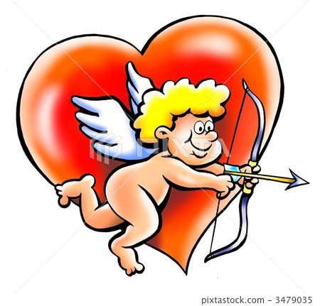 Angel boy with a bow and arrow in front of an red heart 3479035