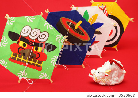 White dragon figurine and Japanese kite red background White dragon figurine and Japanese kite red background 3520608