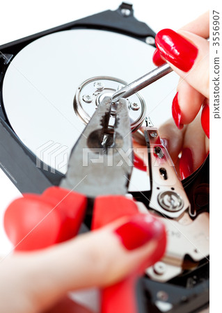 Woman repairing computer HDD Woman repairing computer HDD 3556907