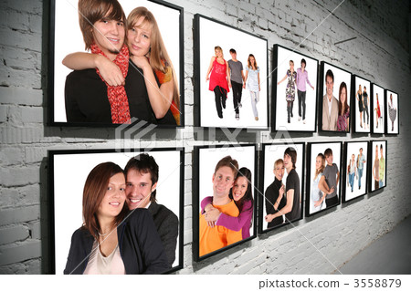 two rows frames on brick white wall 3558879