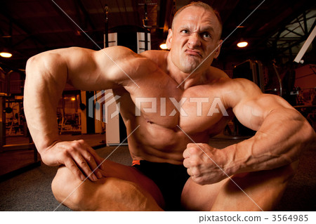 bodybuilder demonstrates his muscles 3564985