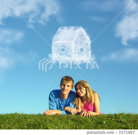 smiling couple on grass and dream cloud house collage 3571067