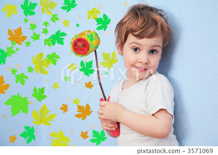 A girl with a roller does repair with leaves, collage 3571069