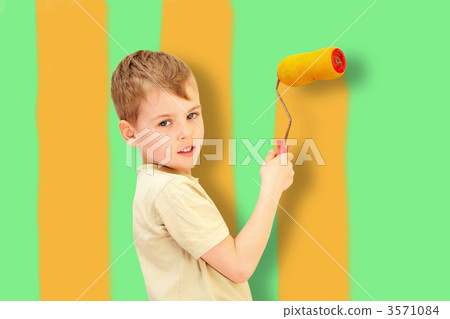 a boy with a roller draws bars, collage 3571084