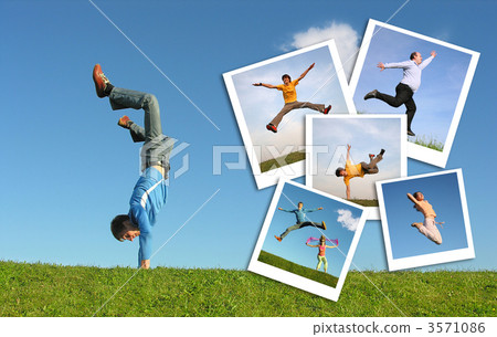 Jumping man in grass and photographs of the people, collage 3571086