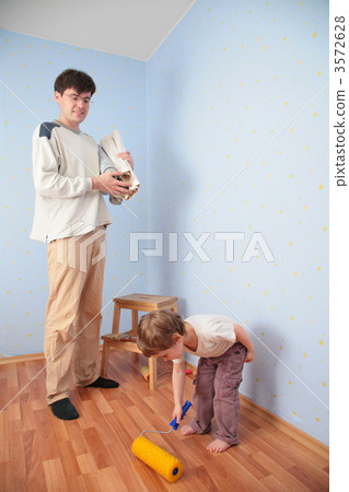 father with daughter in room after repair father with daughter in room after repair 3572628