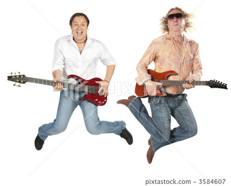 Big fat curly man in sunglasses jupms with guitar 3584607