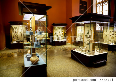museum exhibits of ancient relics in glass cases 3585771