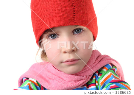 portrait of little serious girl in warm hat and scarf, half body portrait of little serious girl in warm hat and scarf, half body 3586685
