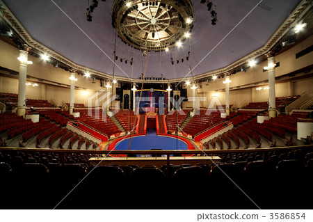 blue circle arena in circus lamps turned on, wide angle, space f 3586854