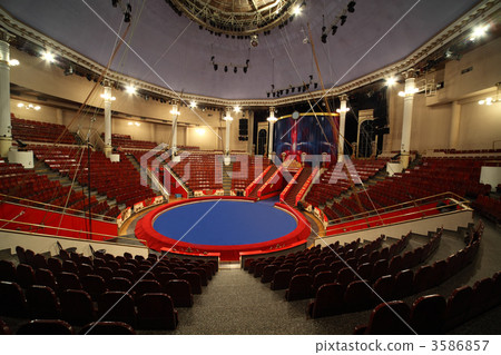blue circle arena in circus white lamps turned on, general view 3586857