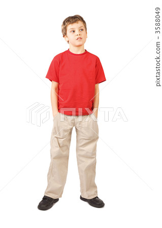 little boy in red shirt hands in pockets open mouth standing on 3588049