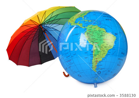 big inflatable globe and colored umbrella isolated on white back big inflatable globe and colored umbrella isolated on white back 3588130