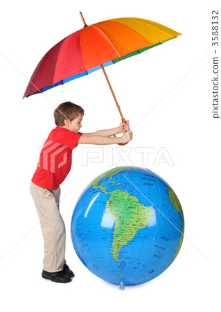 boy in red shirt with multicolored umbrella and inflatable globe boy in red shirt with multicolored umbrella and inflatable globe 3588132