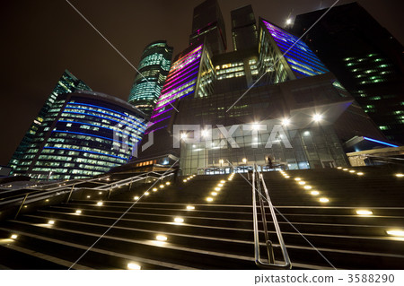 Facade of modern office building at night, skyscraper in moscow, Facade of modern office building at night, skyscraper in moscow, 3588290