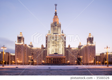 Moscow State University. Front facade view. Evening twilight in 3588326